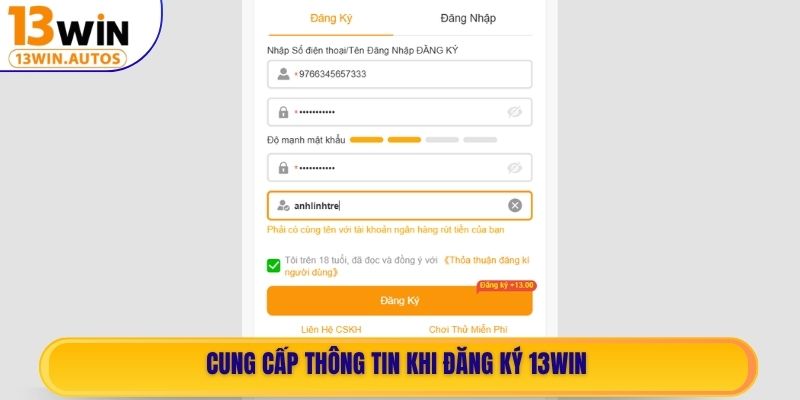 Cung cấp thông tin khi đăng ký 13WIN