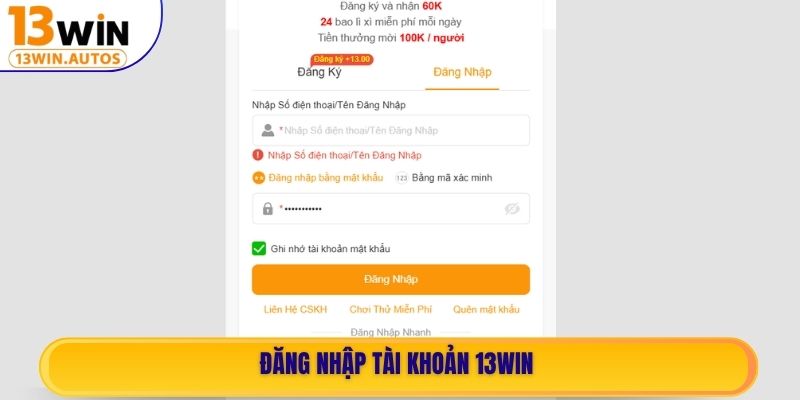 Đăng nhập tài khoản 13WIN